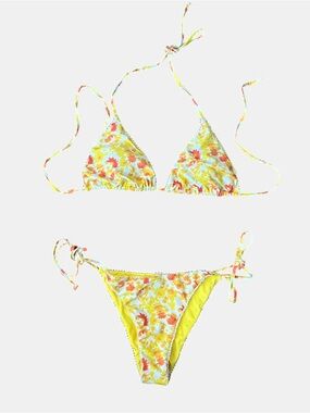 NWOT Bright Yellow & Orange Floral Triangle String Bikini Set